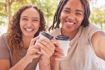 Image showing Coffee, selfie and couple of friends outdoor, park or city for social media post, profile picture and gen z lifestyle. Happy diversity people, influencer or youth with cafe drink and smile portrait
