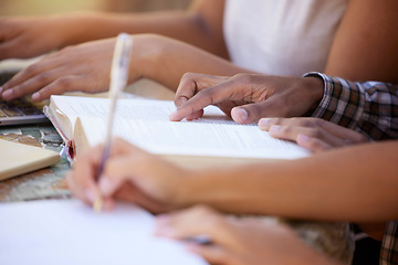 Image showing Students, education and hands writing in notebook for learning, exam studying and write notes in classroom. University, college and learners in study group for knowledge, academic course and research