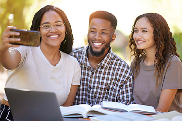 Image showing Students, friends and group selfie at park while studying together. University scholarship, photography and people, man and women taking pictures or photo for social media or happy memory outdoors.