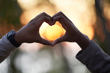 Image showing Heart hands, closeup and outdoor for love, support and partnership for marriage, anniversary and commitment. Romance, couple and gesture for bonding, dating and romantic together and relationship