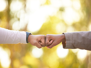 Image showing Fist bump in nature, closeup and friends show support, solidarity or partnership for victory, winning together or commitment. People, outdoor or hand gesture for team building, target or goal success