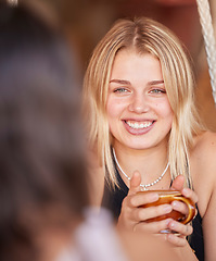 Image showing Woman, friends and smile for coffee, conversation or chatting about social life or gossip at an outdoor cafe. Happy female smiling in happiness for warm beverage, discussion or talking to best friend