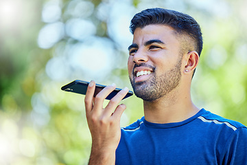 Image showing Fitness, man and speaker phone for voice call, message or recognition in communication outside. Sporty male runner speaking to smartphone with 5G connection for GPS or tracking exercise in nature