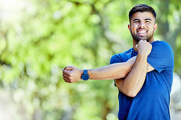 Image showing Fitness, mockup and stretching with a sports man outdoor in nature for a warm up before exercise. Workout, mock up and training with a male athlete on a natural green background for health or cardio