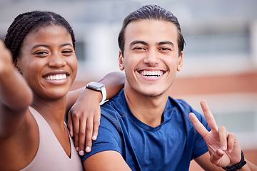 Image showing Fitness, portrait or friends take a selfie with peace emoji in training, workout or exercise break to relax. Gym, black woman and personal trainer take pictures with a happy smile for social media