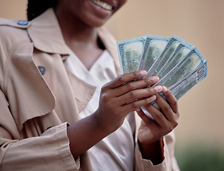 Image showing Happy black woman, count money and street for winning, success and prize from competition in city, Girl, hands and cash from profit, salary or bonus for saving, investment or building wealth in metro