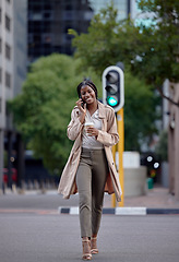 Image showing Phone call, city and woman on coffee break, travel or walking to work with communication, networking and smile. Happy international, black person talking on a smartphone for 5g chat in urban street