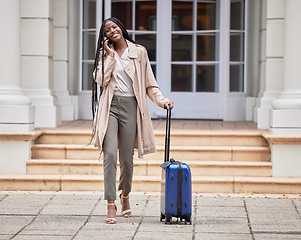 Image showing Travel, business phone call and black woman with suitcase in city for conference, global meeting or work trip. Corporate work, hotel and girl talking on smartphone for cab, taxi and transport service