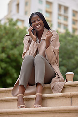 Image showing Black woman, phone call and celebration in city for success, deal or promotion opportunity goals. Excited business person happy about prize, bonus or winning competition while outdoor on stairs