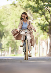 Image showing Travel, bicycle and black woman with smile, transport and fitness with cycling, commute and nature. African American female, bike and happy lady outdoor, adventure and riding on weekend break and fun