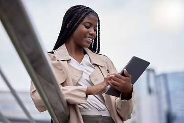 Image showing Business tablet, street and black woman in city, internet browsing or research. Technology, employee and happy female with touchscreen for reading email, networking or social media in town outdoors.