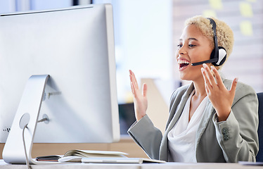 Image showing Black woman, telemarketing and happy hands in call center office for crm contact us and customer support helpline. African girl, smile and excited networking consultant or advisor happiness in agency