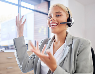 Image showing Business, black woman and call center for customer support, talking and telemarketing with happy agent. African American female consultant, lady and employee with headset, tech support and speaking