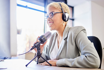 Image showing Podcast, radio and microphone of black woman in radio show, live streaming or audio conversation for broadcast. Influencer, speaker or social media presenter with online platform for politics or news