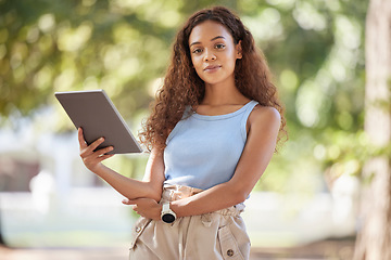 Image showing Youth, woman and portrait in park with tablet for research, studying or online streaming. Assertive and confident college girl with digital device for student leisure in nature with bokeh.