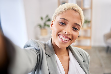 Image showing Selfie, business and black woman with achievement, office and smile for new project. Portrait, African American female employee and entrepreneur with leadership skills and happiness in workplace