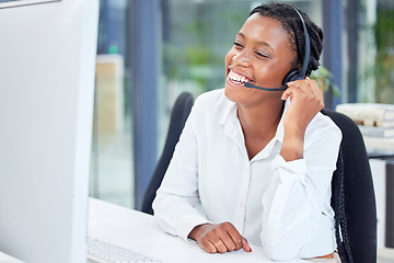 Image showing Black woman, call center and smile for telemarketing, customer service or support by computer at the office. Happy African American female consultant in communication or contact us for online advice