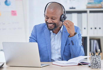 Image showing Telemarketing, sales consultant or black man with crm communication, call center and consulting on laptop. Business, smile and telecom agent, financial advisor or technical support person on computer