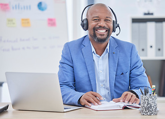 Image showing Call center, consultant or black man portrait for telemarketing sales, crm communication and consulting strategy. Business, services and telecom agent, financial advisor or technical support person