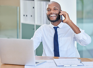 Image showing Portrait, phone call and laptop with a business black man talking for a survey or research questionnaire in his office. Mobile, contact and communication with a male employee asking a question