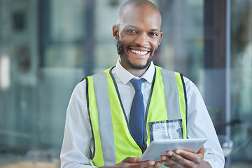 Image showing Portrait, black man and engineer with tablet for engineering research. Architecture, construction and happy male architect or contractor from Nigeria holding touchscreen technology for communication.