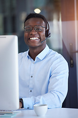 Image showing Black man, call center and portrait by computer with smile, typing and customer service in office. Crm expert, telemarketing and consulting for tech support at desk with happiness, success and pride