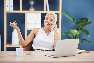 Image showing Business, black woman and phone call in office, conversation and planning for new project. African American female employee, boss and leader with smartphone for connect, corporate deal and discussion