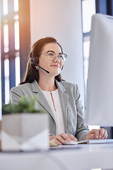 Image showing Woman, telemarketing and typing computer in call center office for customer service, crm support and consulting employee. Contact us, online communication and happy consultant agent working on pc