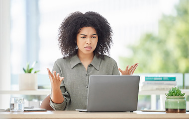 Image showing Laptop, glitch and frustrated with a business black woman looking upset or annoyed while working in her office. Computer, 404 and angry with a female employee feeling stressed or overworked