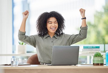 Image showing Wow, success and excited black woman with laptop reading email with news of bonus, promotion or winning announcement. Happy, sales target prize and winner employee celebrating on office with smile.