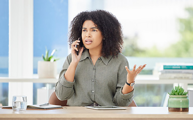 Image showing Business, phone call and black woman angry, frustrated and disappointed with project deadline, stress and schedule. Corporate, African American female employee and leader with smartphone and upset