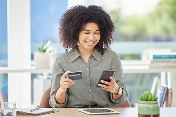 Image showing Phone, credit card and online shopping with a business black woman buying a product online in her office. Ecommerce, finance and retail with a female employee or customer making an internet payment