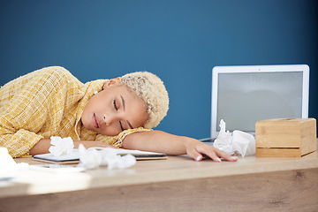 Image showing Work, covid and woman at desk sleeping with tissue paper and laptop, tired and overworked from flu or cold. Sick, exhausted and sleep, office employee health risk with illness, burnout or insomnia.