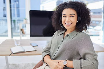 Image showing Call center, portrait and black woman, technical support agent or help desk person for service goals, target and smile. Happy customer care, telemarketing or telecom consultant or crm worker face