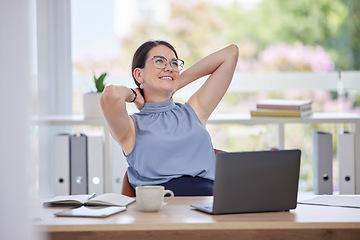 Image showing Business, laptop and woman with achievement, project and online planning in modern office. Startup, female employee and leader with digital sales growth, smile and celebration for corporate deal