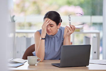 Image showing Stress, headache and business woman in the office doing research or planning a corporate strategy. Migraine, exhausted and tired professional female working on a project with a deadline on a laptop.