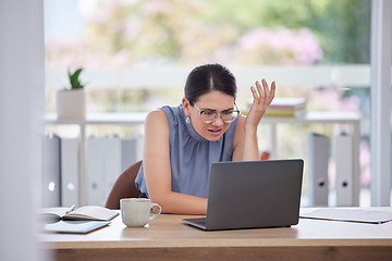 Image showing Stress, error and woman with glitch on laptop in office frustrated, upset and confused from 404 report. Technology, cyber security and girl worker with digital hacker, spam and scam problem in office