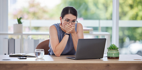 Image showing Surprise, mistake or error with a business woman looking shocked while working on a laptop in her office. Computer, glitch and problem with a scared female employee worried about a system failure