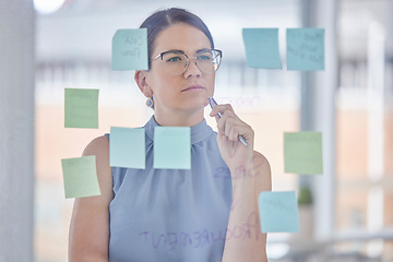 Image showing Planning, thinking and woman with workflow, strategy and scrum or agile for project management goals. Ideas, solution and problem solving person or business worker with sticky notes on a glass board