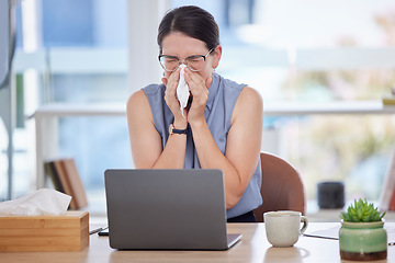 Image showing Business woman, sick and nose tissue for cold virus or allergy problem at work with laptop. Entrepreneur person with flu or sinus while working with health risk at a corporate company office desk