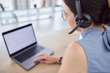 Image showing Call center, customer support and woman with laptop in office for networking, communication and crm. Telemarketing, computer and female worker with microphone for client help, service and consulting