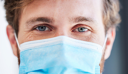 Image showing Closeup, portrait and man with mask for safety, protection and regulations for illness, sickness and disease. Zoom, male person or face cover for medical policy, healthcare or compliance for wellness