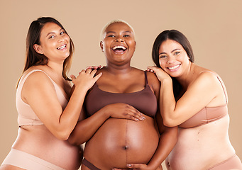 Image showing Portrait, beauty and body with pregnant friends in studio on a beige background for diversity or motherhood. Family, love and pregnancy with a woman friend group showing their baby bump stomach