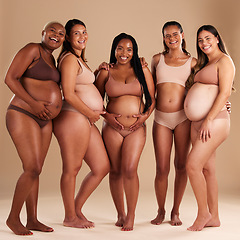 Image showing Pregnancy, beauty and portrait of friends in a studio for diversity, motherhood and prenatal wellness. Maternity, love and pregnant women showing their baby bump stomach together by beige background.