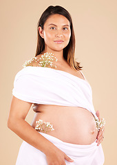 Image showing Pregnancy, flowers and portrait of a woman in studio with chiffon material on her body holding her stomach. Maternity, prenatal health and pregnant female model with floral posing by beige background