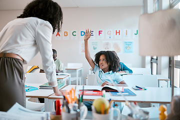 Image showing Question, school and education with a black girl student hand raised in a classroom to ask or answer her teacher. Kids, asking and learning with a young female child in class to study for growth