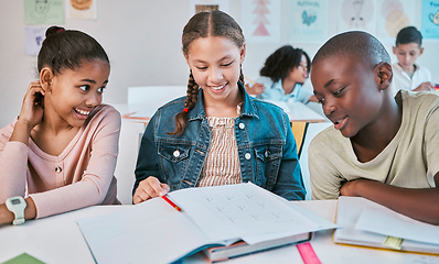 Image showing Friends, education and children in happy class work together on project in Montessori school. Books, help and diversity, group of students with math test question, brainstorming and thinking at desk.