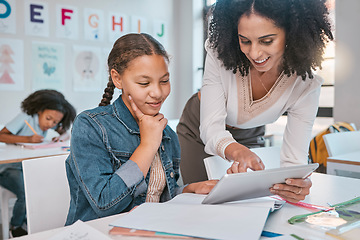 Image showing Tablet, education and teacher with child learning, thinking and idea in support, help and classroom. Happy woman or person teaching girl kid on technology in English, language or creative development