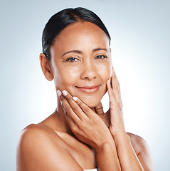 Image showing Face, senior woman and content in portrait with healthy skin and antiaging skincare isolated on gradient background. Hands, nails and manicure, natural cosmetic care and beauty in studio with mockup