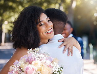 Image showing Wedding, couple and outdoor marriage celebration event for bride and groom together with commitment. Happy married man and woman at ceremony with trust, partnership and a hug with flower bouquet